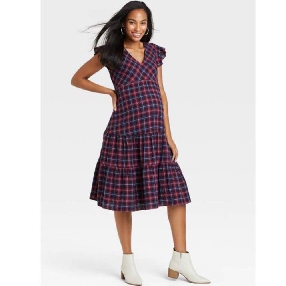 The Nines by Hatch Plaid Maternity Tiered Midi Dress Sz. XXL Flutter Sleeve
